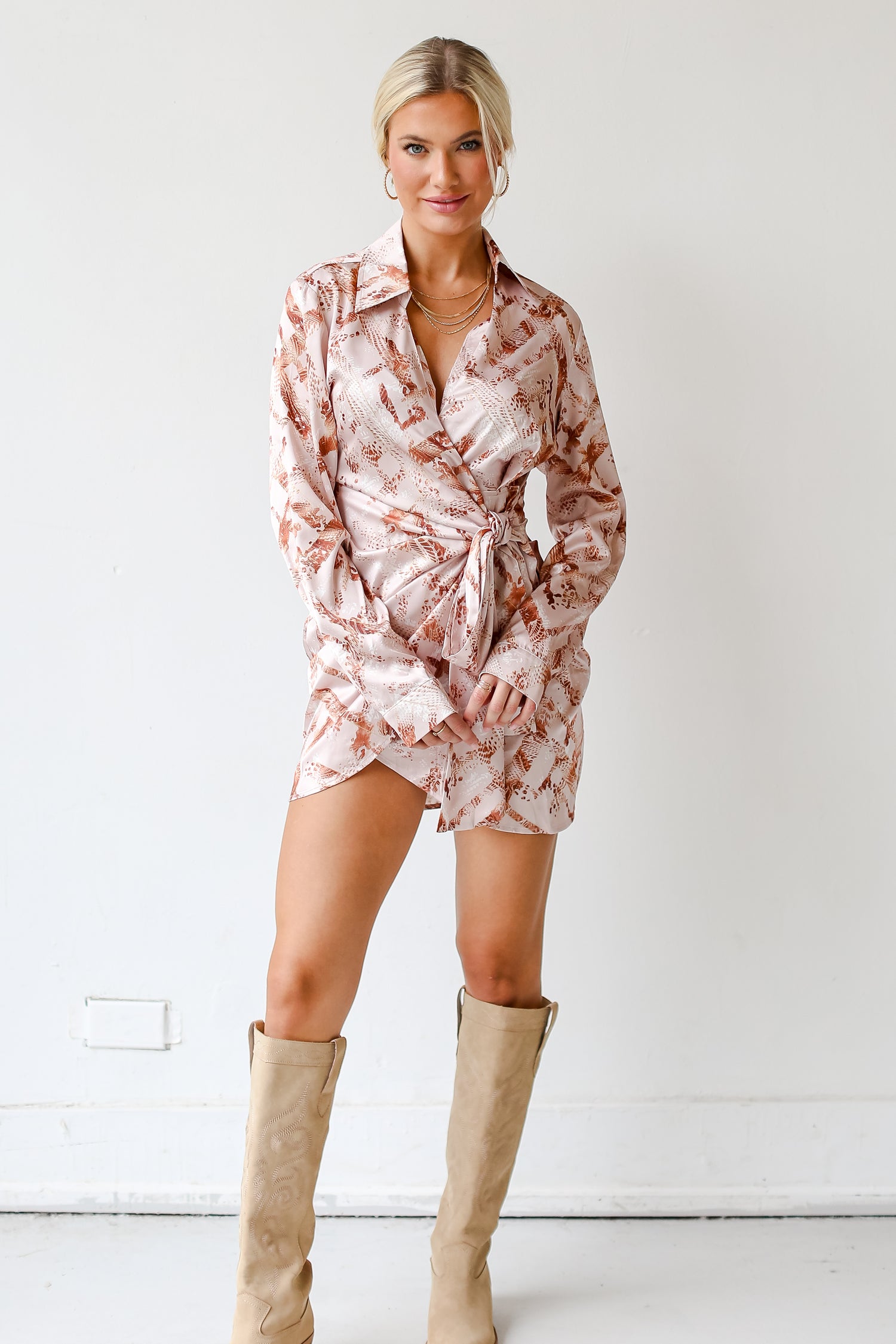 model wearing a Satin Wrap Mini Dress