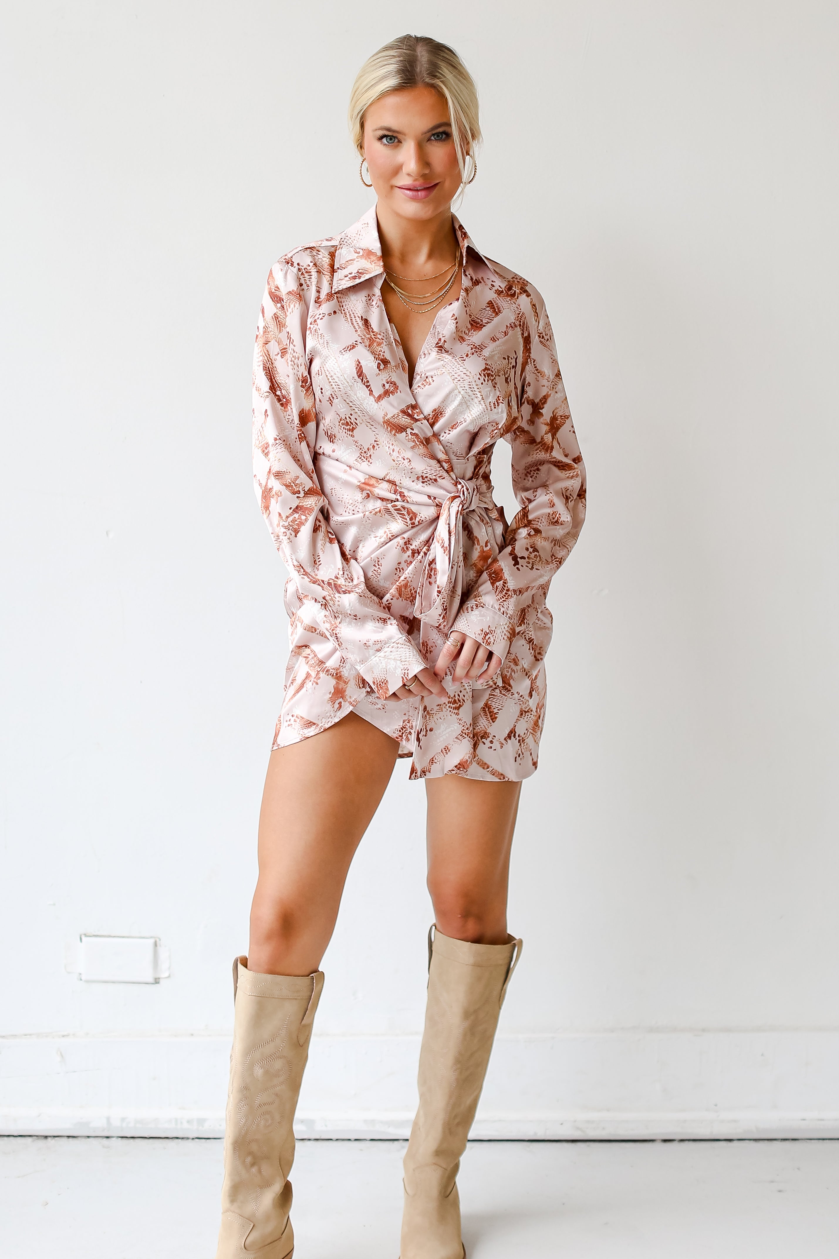 model wearing a Satin Wrap Mini Dress