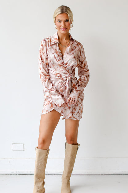 model wearing a Satin Wrap Mini Dress