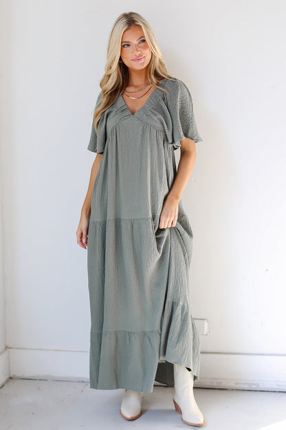 olive Tiered Maxi Dress front view