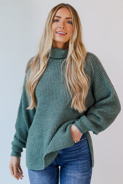 Sage Turtleneck Oversized Sweater front view