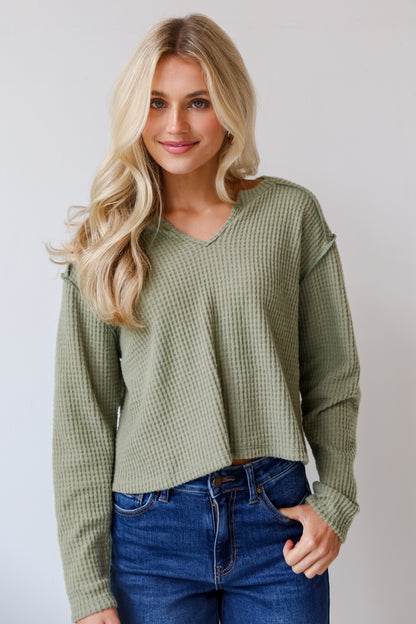 Sage Brushed Waffle Knit Top on model