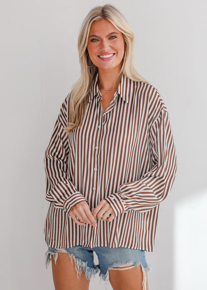 Composed Essence Satin Striped Button-Up Blouse