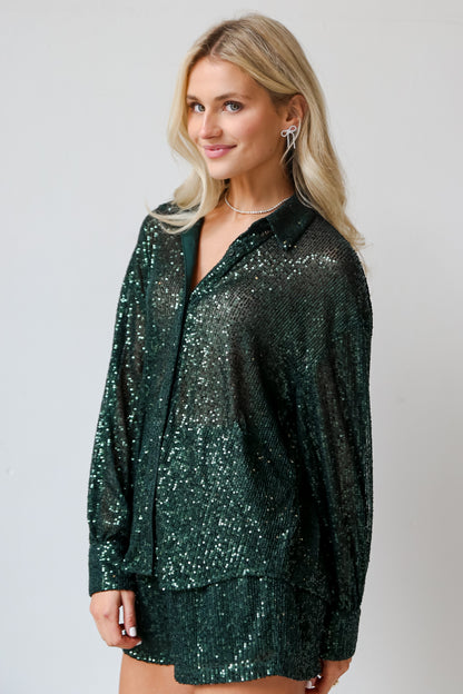 green Sequin Button-Up Blouse side view