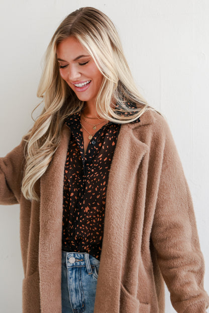 trendy Taupe Eyelash Knit Longline Coat