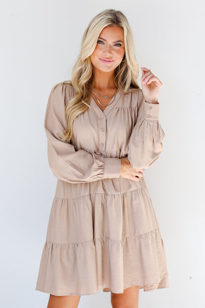 taupe Tiered Mini Dress on model front view
