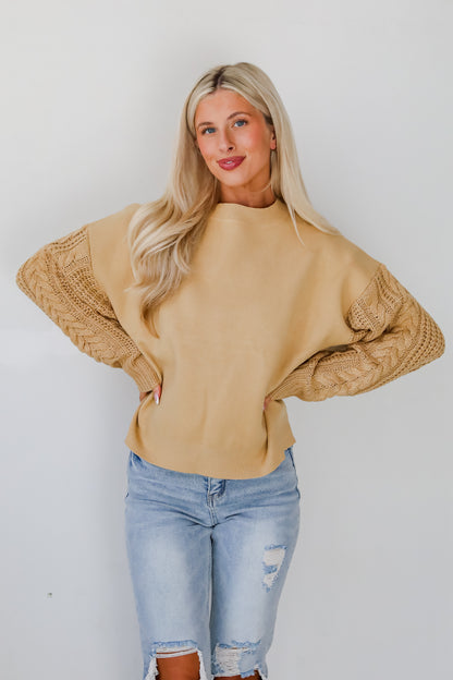 Cabin Cues Taupe Cable Knit Sleeve Sweater