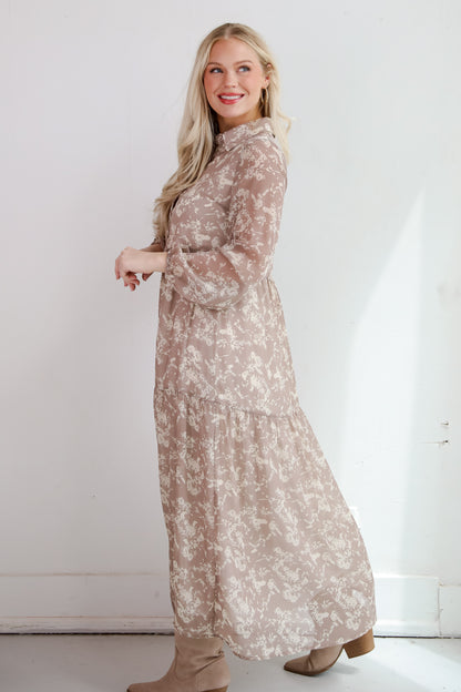 Impactful Elegance Taupe Floral Maxi Dress