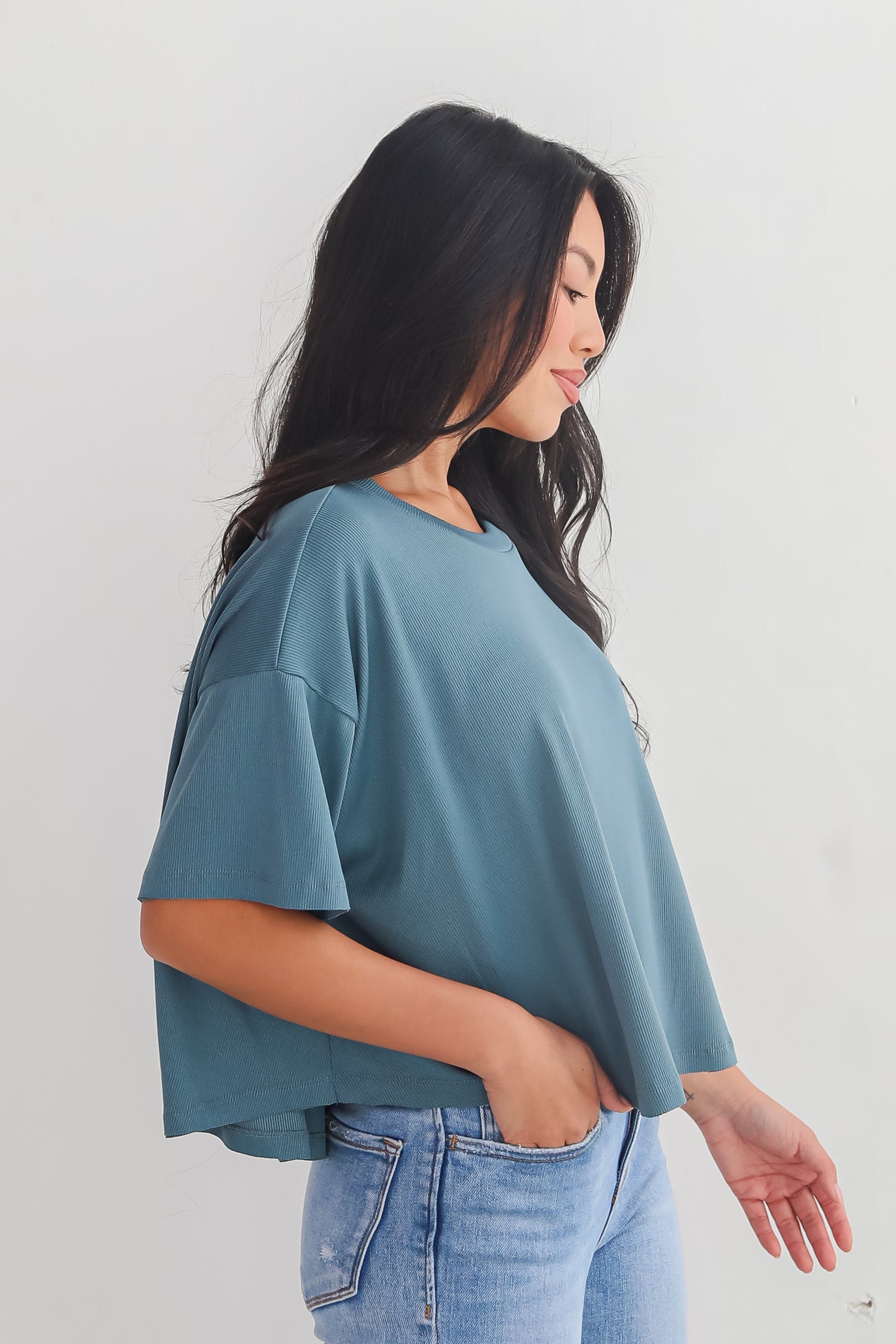 Catherine Teal Ribbed Knit Tee