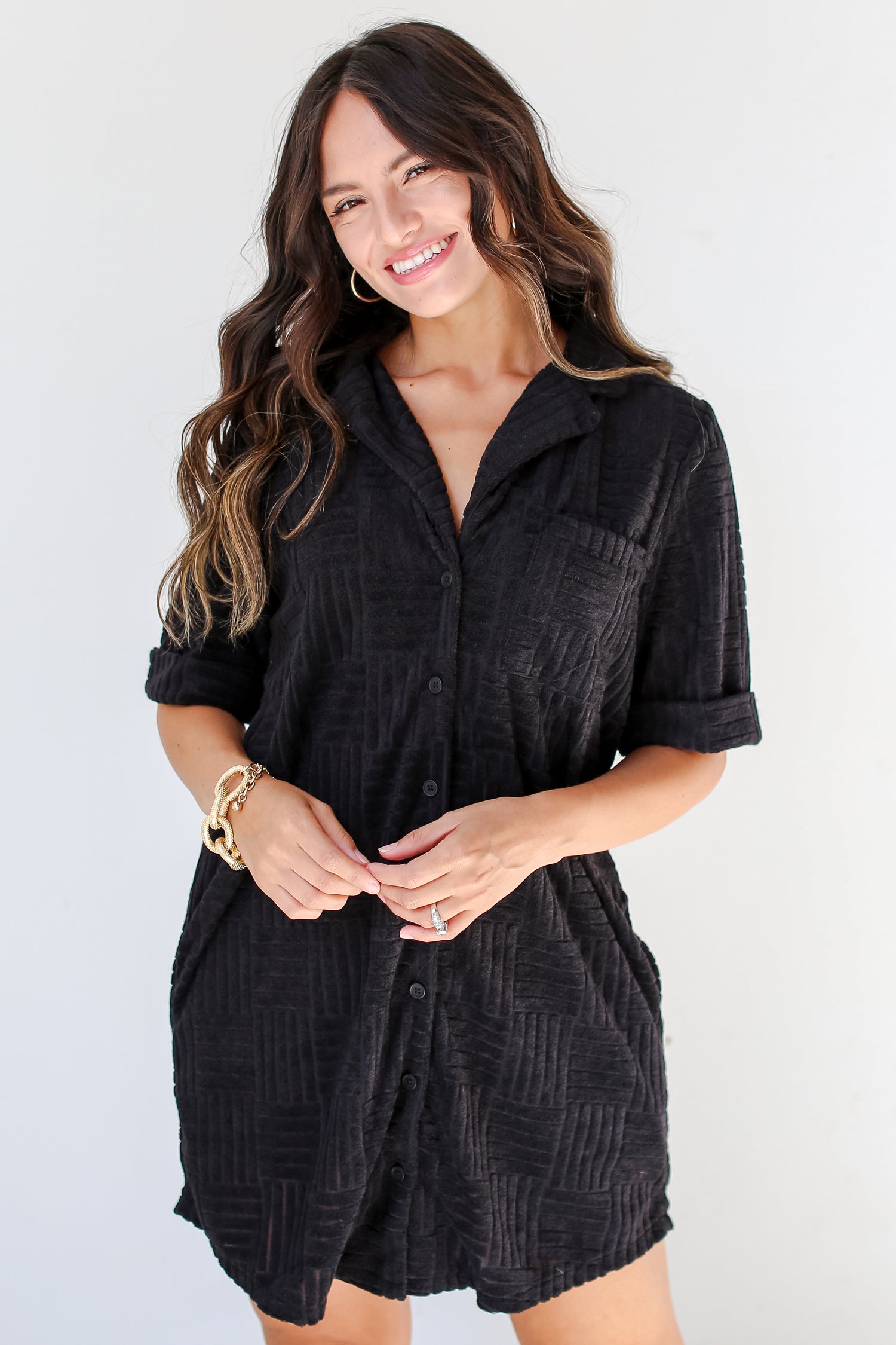 black Terry Cloth Mini Dress front view