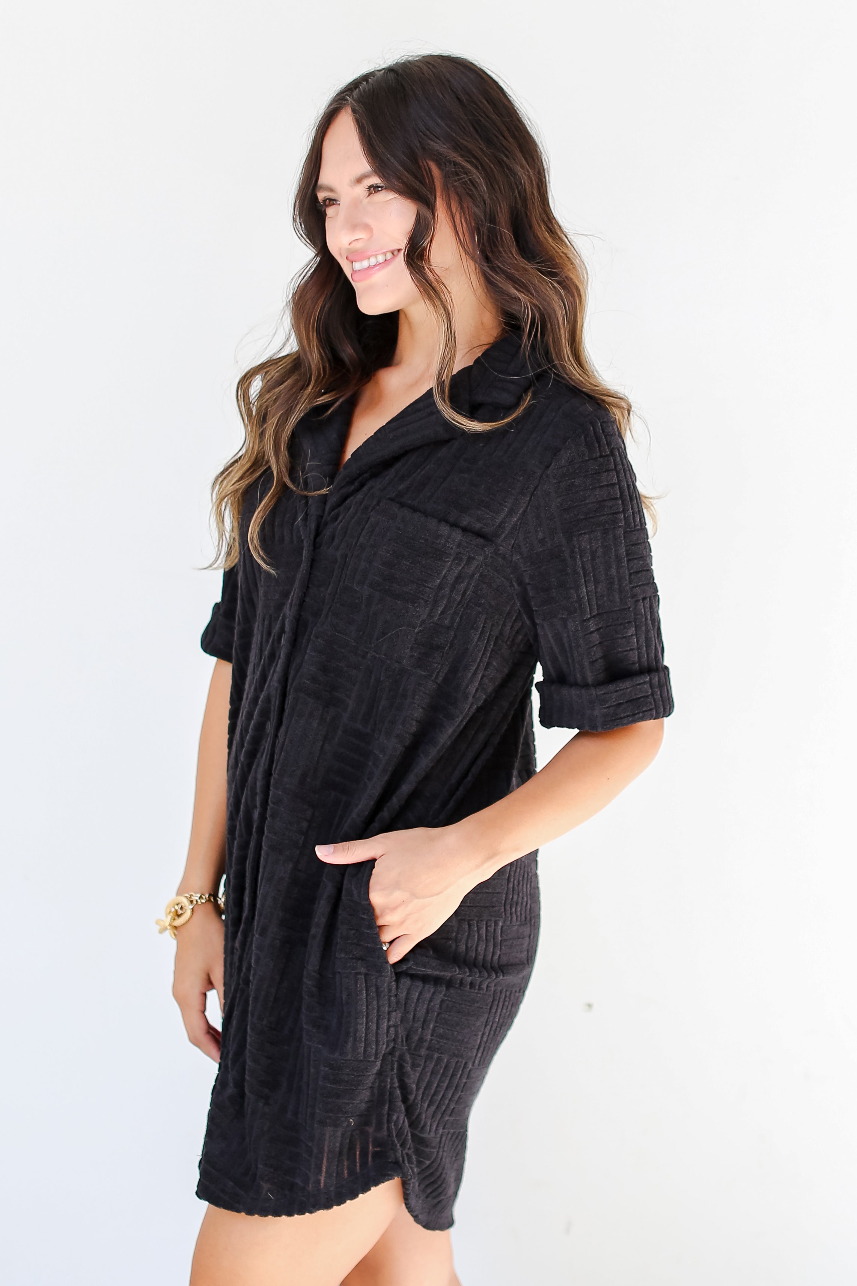 black Terry Cloth Mini Dress side view