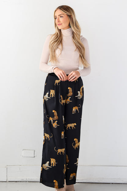 black satin cheetah pants