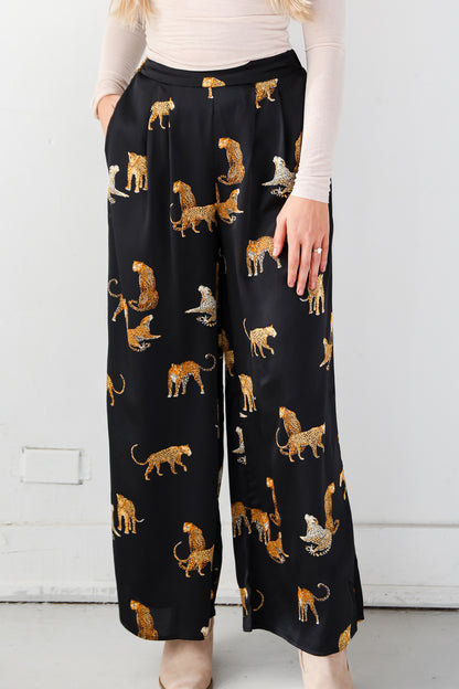 Black Cheetah Wide Leg Pants front view