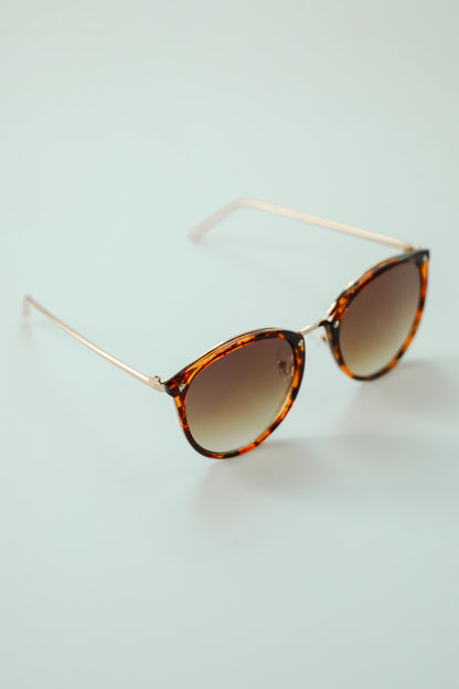 Sunglasses with tortoiseshell frame and gradient lenses on a light blue background