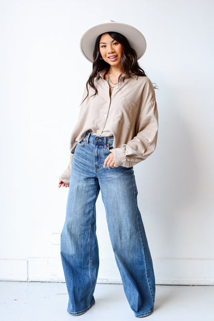 medium wash Wide Leg Jeans front view