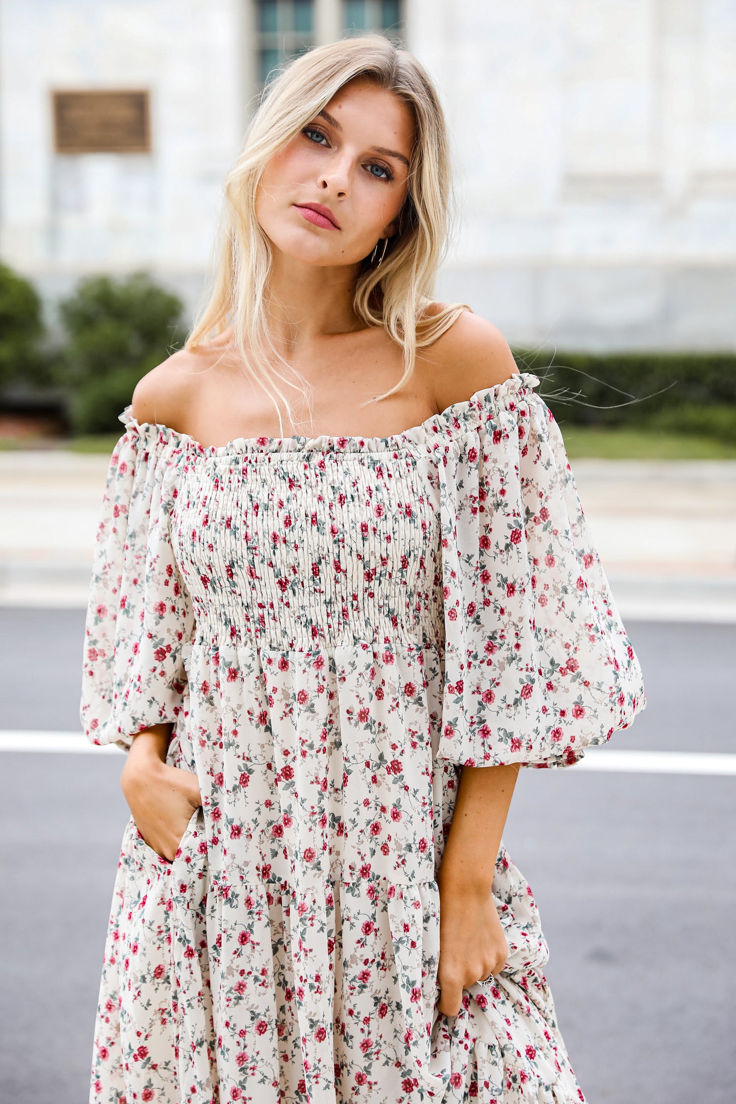 white floral maxi dress close up