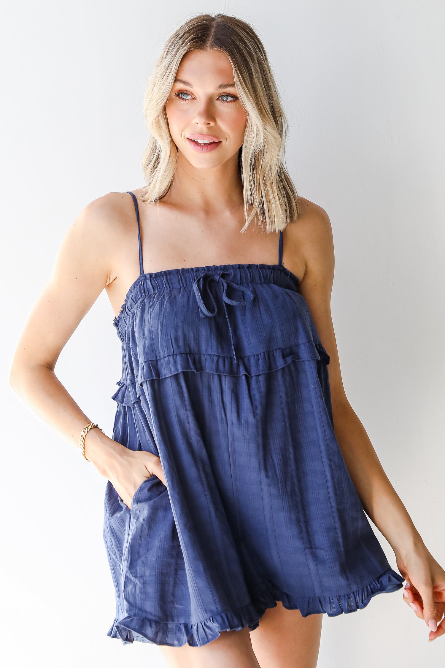 Romper in navy on model