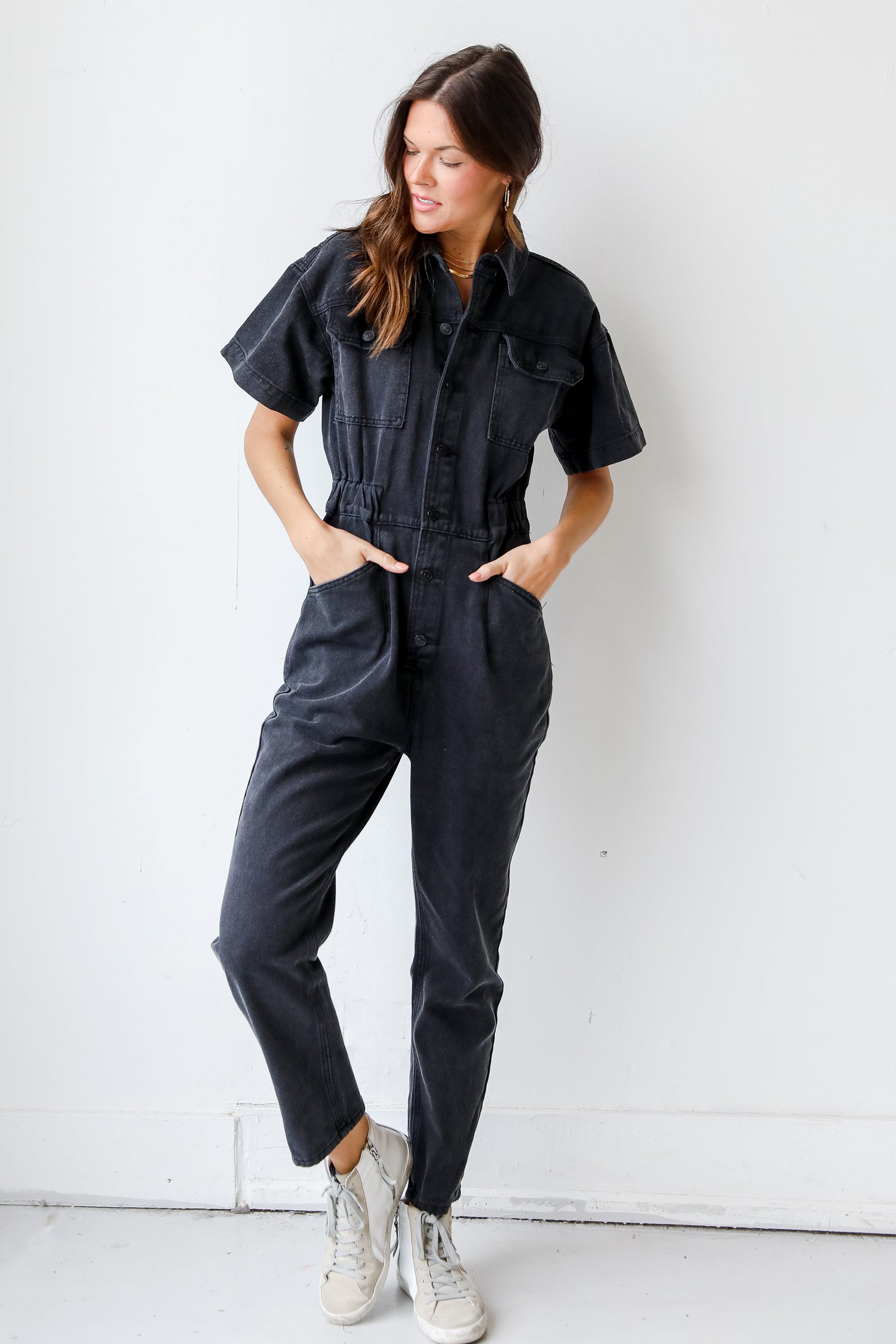 Denim Utility Jumpsuit on model