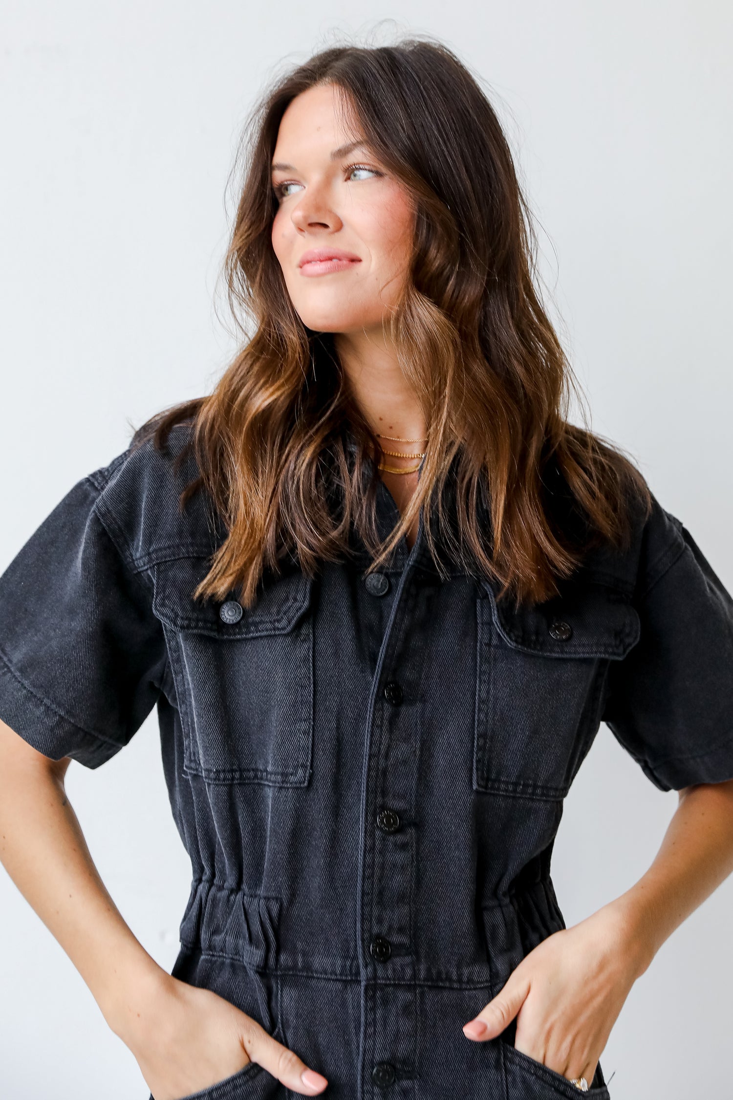 Denim Utility Jumpsuit close up