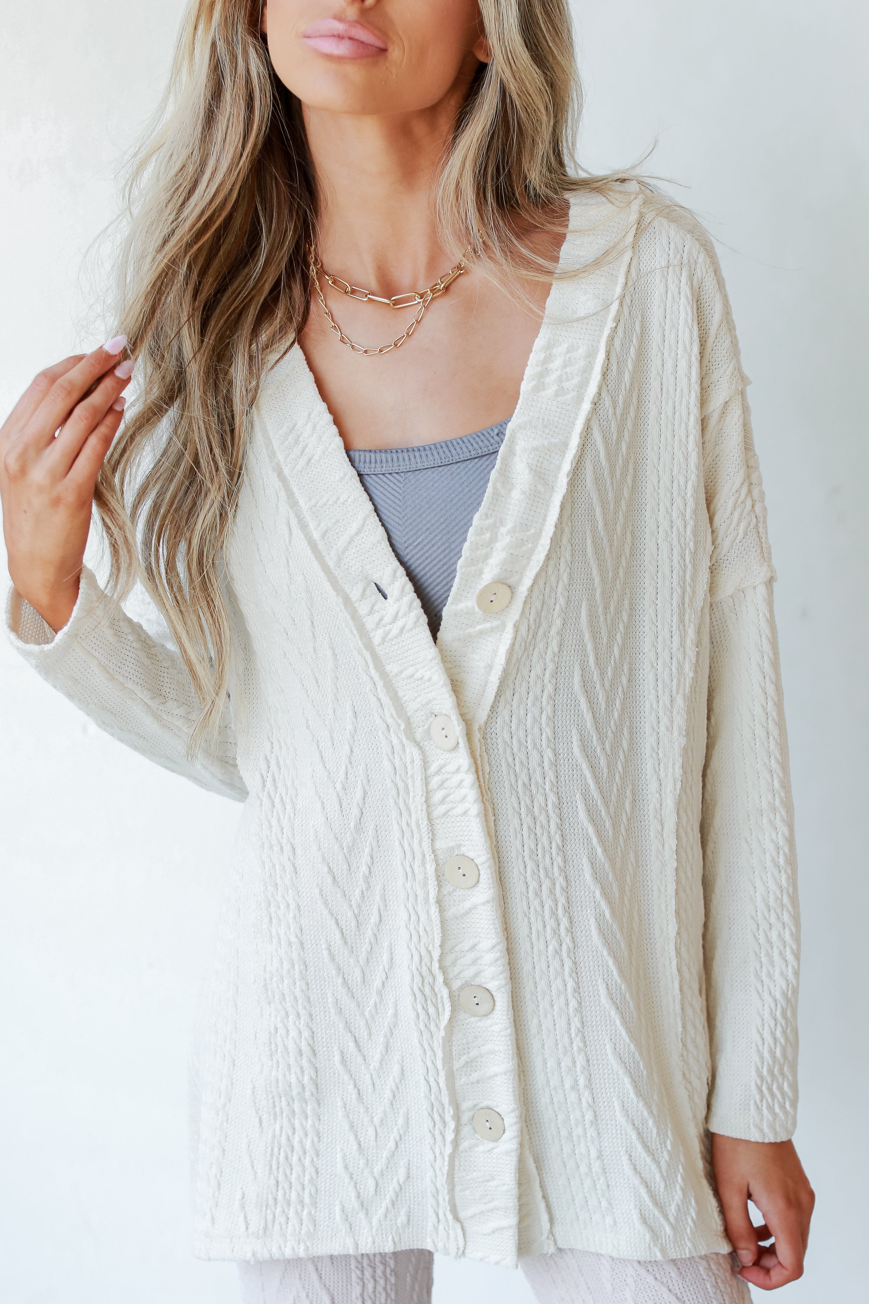 Cable Knit Cardigan in ivory front view