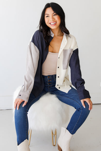 Corduroy Color Block Shacket on dress up model