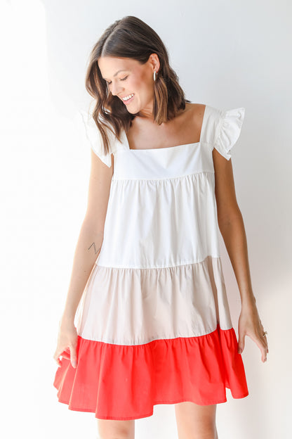 Tiered Color Block Mini Dress on model