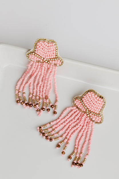 pink Cowgirl Hat Beaded Fringe Earrings