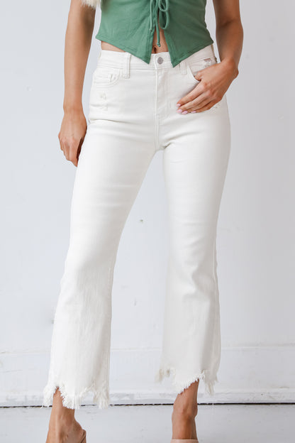 Cream Distressed Cropped Flare Jeans