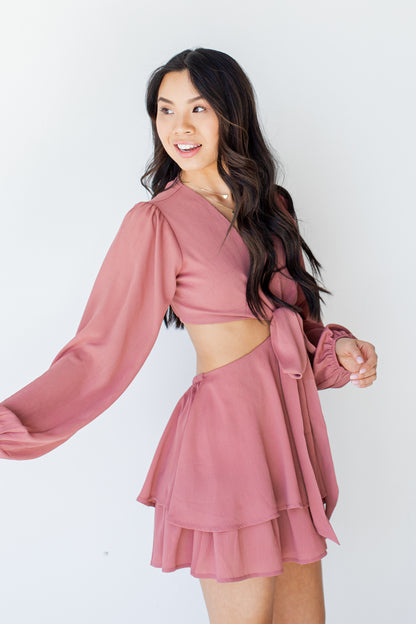 Ruffled Cutout Romper in mauve side view