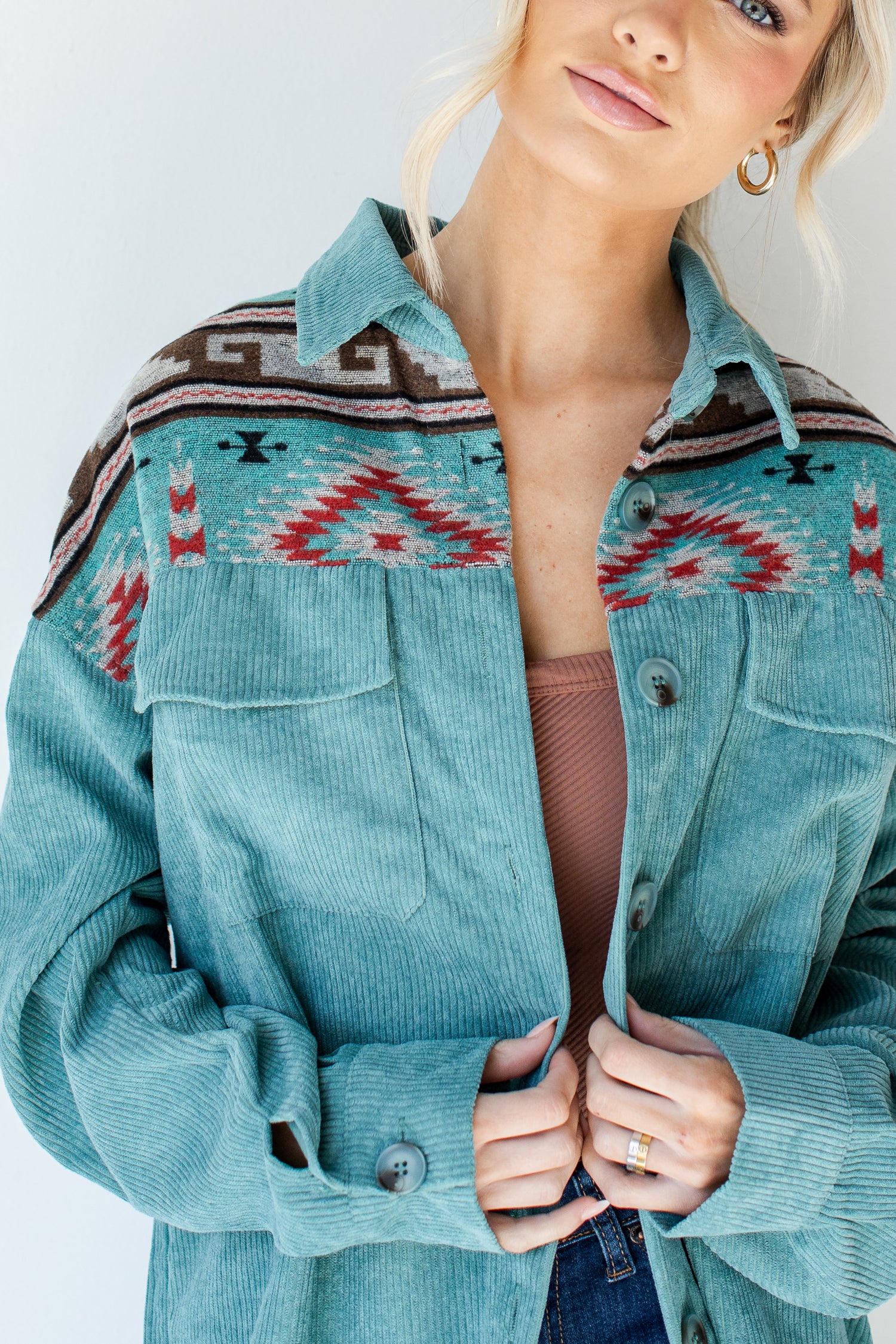 Aztec Corduroy Shacket on model
