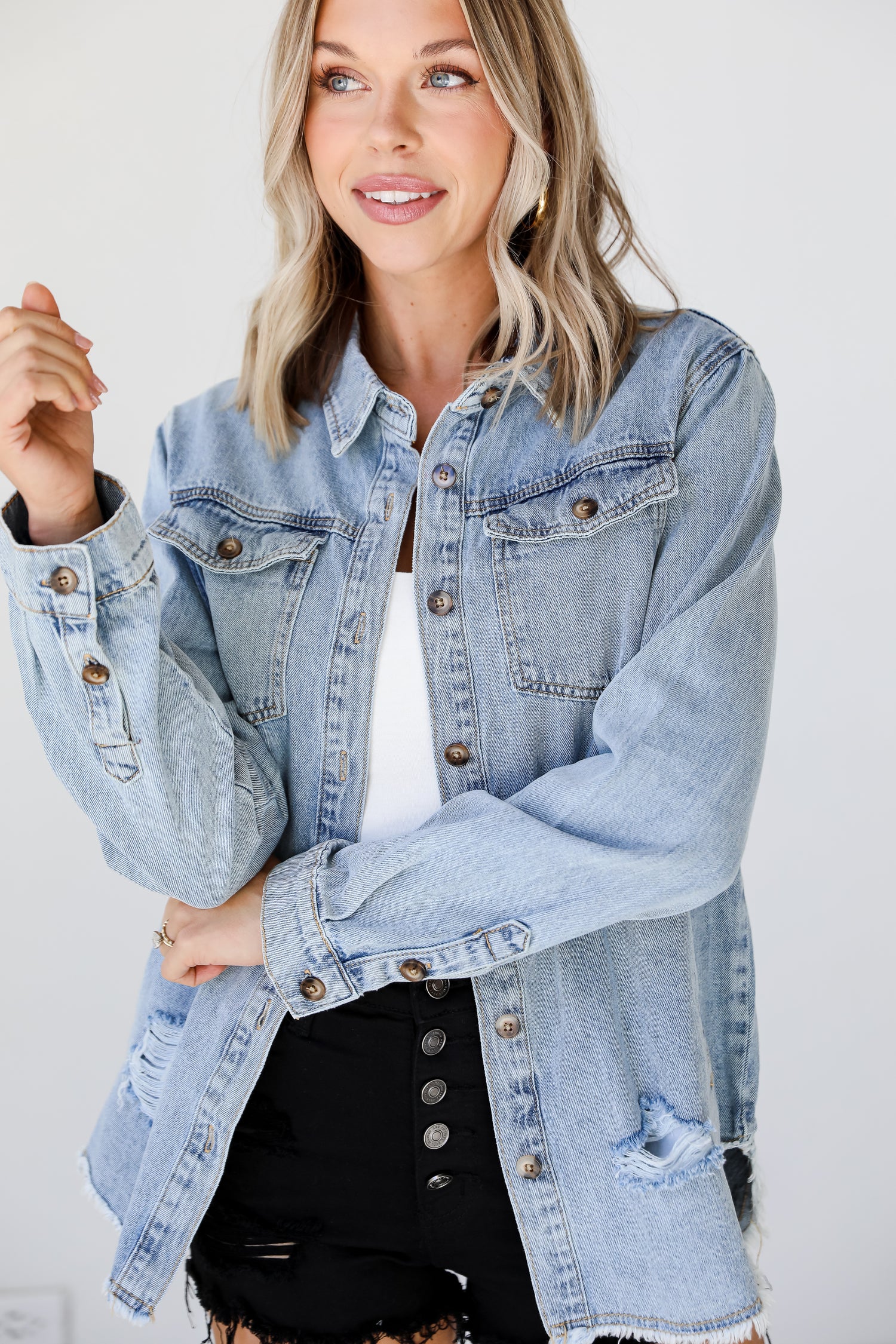 Distressed Denim Jacket on model