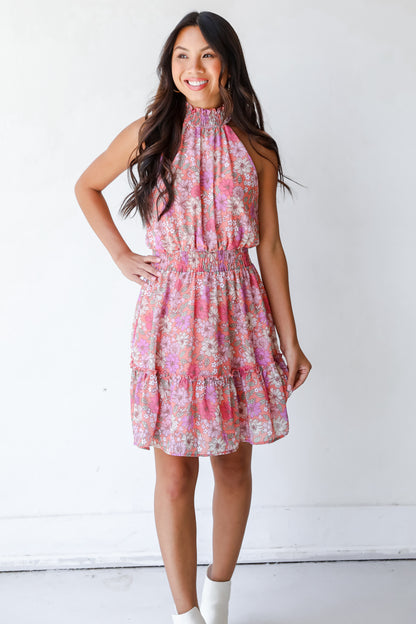 dress up model wearing a pink Floral Mini Dress