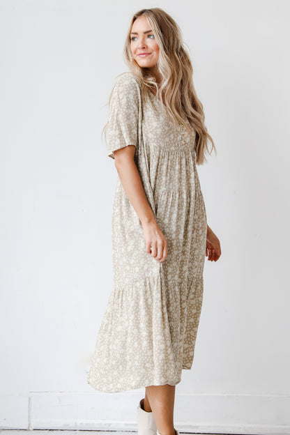 taupe floral midi dress side view