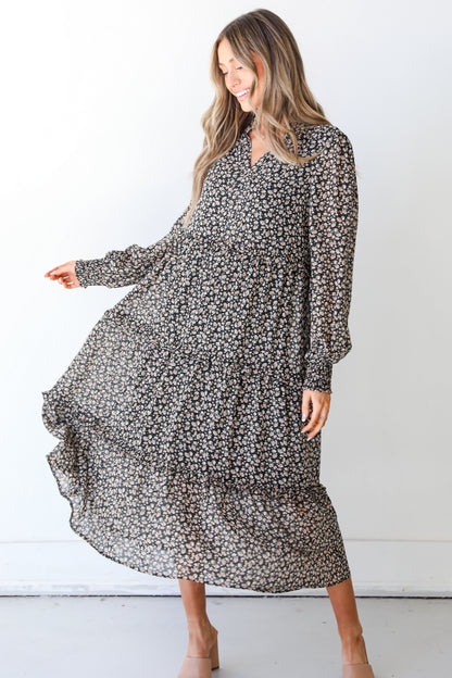 black Floral Midi Dress front view