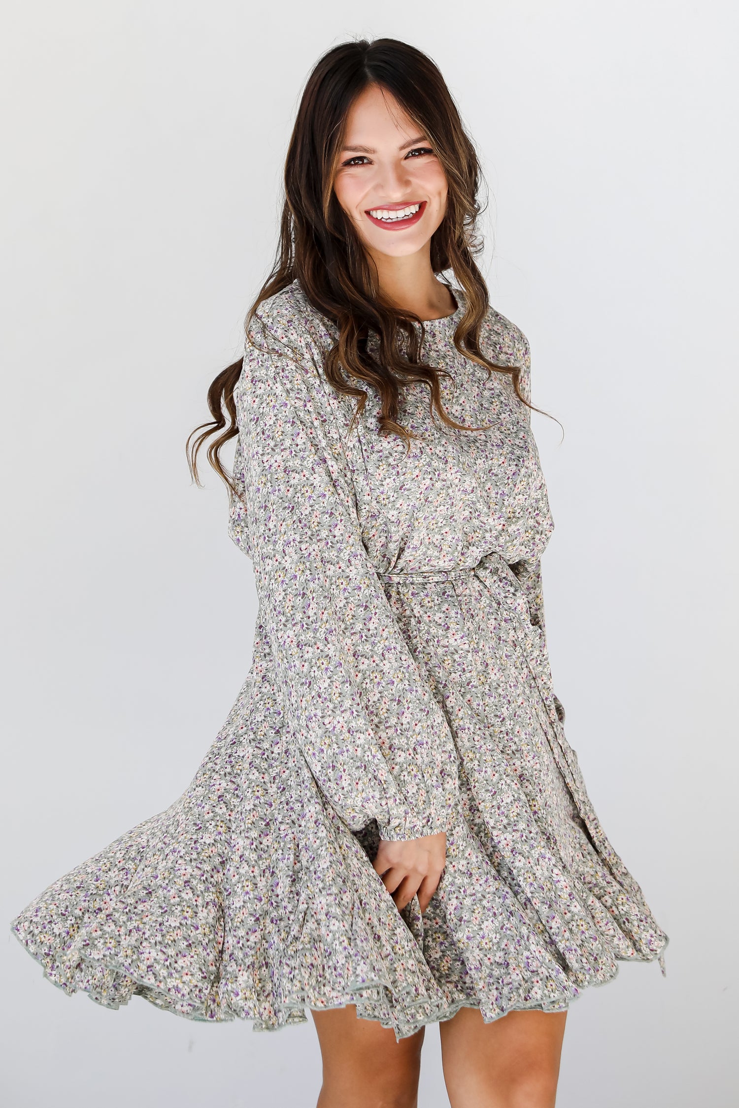 sage Floral Mini Dress on model