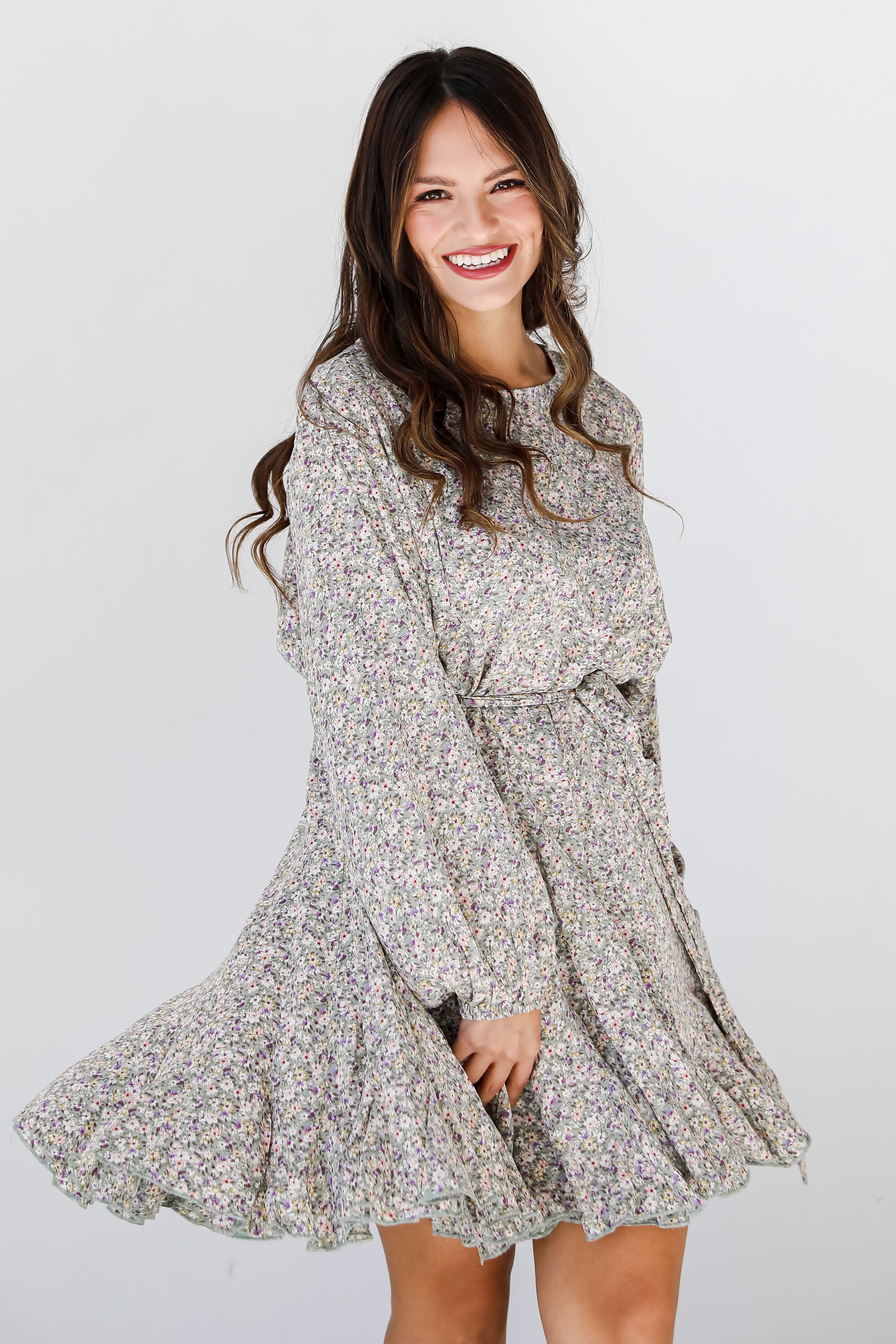 sage Floral Mini Dress on model