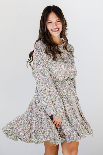sage Floral Mini Dress on model