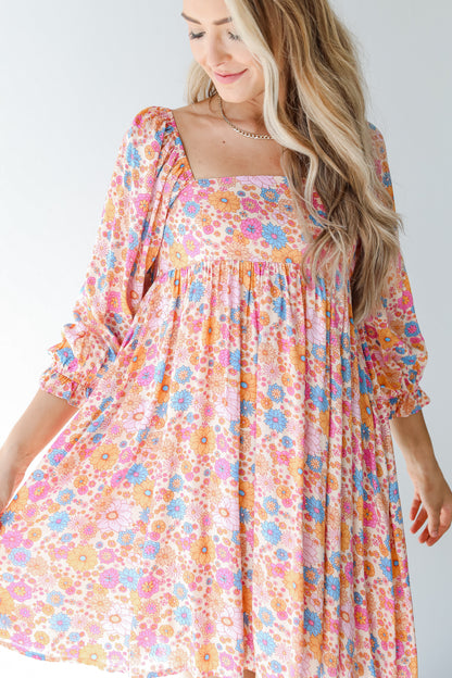 pink floral mini dress close up