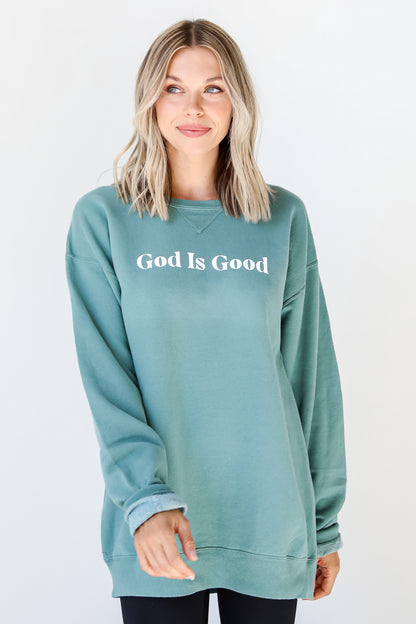 Seafoam God Is Good Pullover on model