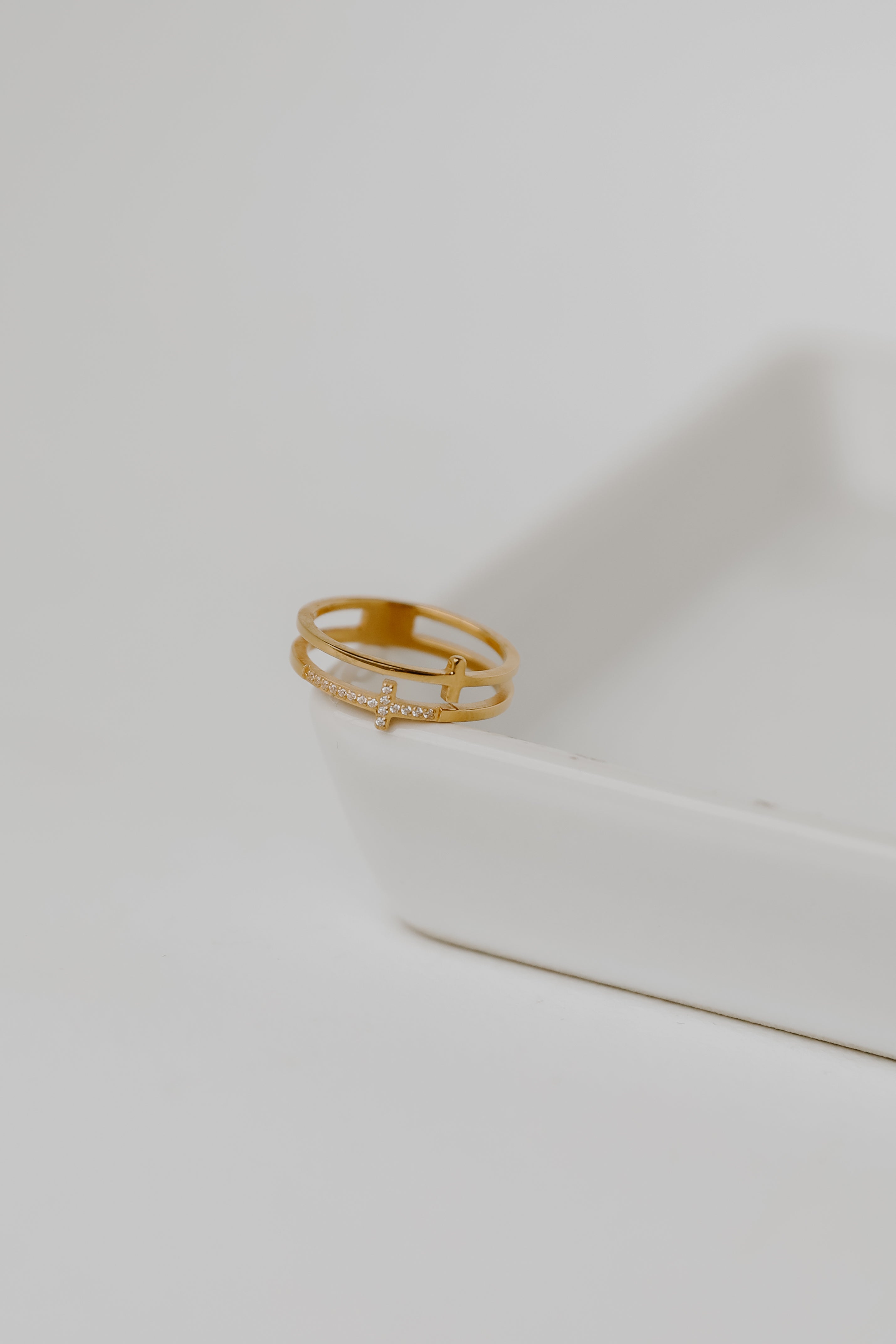 Gold Rhinestone Cross Ring flat lay