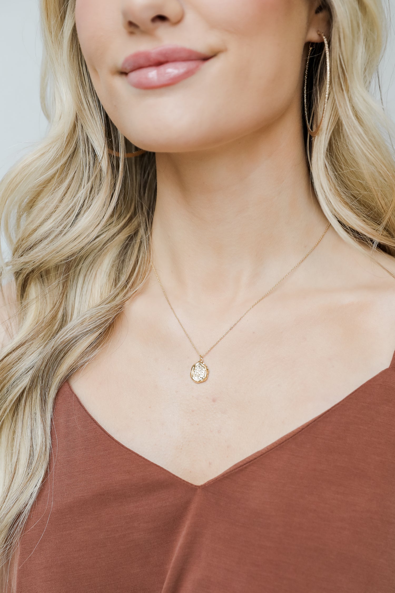 Gold Pendant Necklace on model