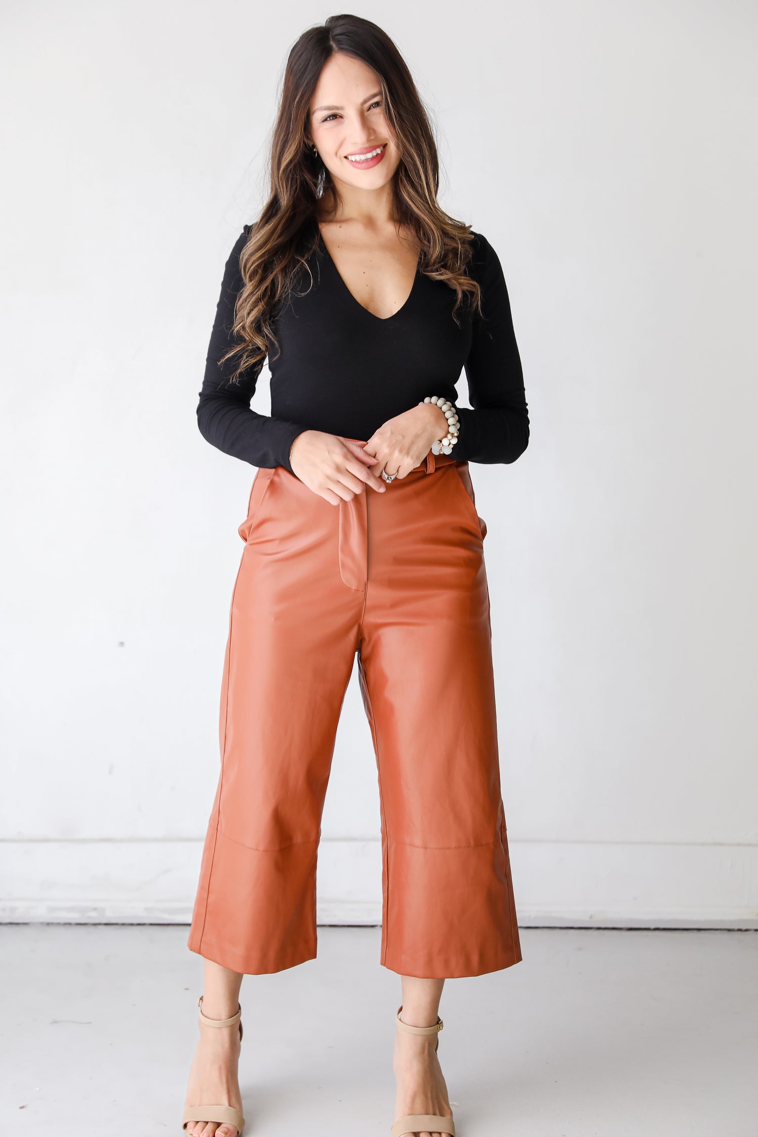 brown Leather Pants on model