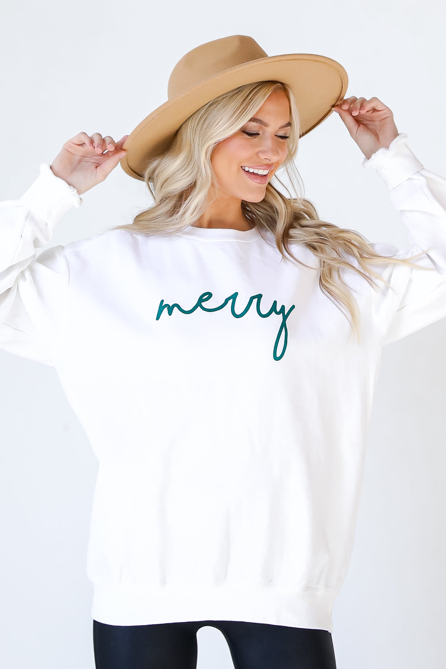 Green Merry Script Pullover on model