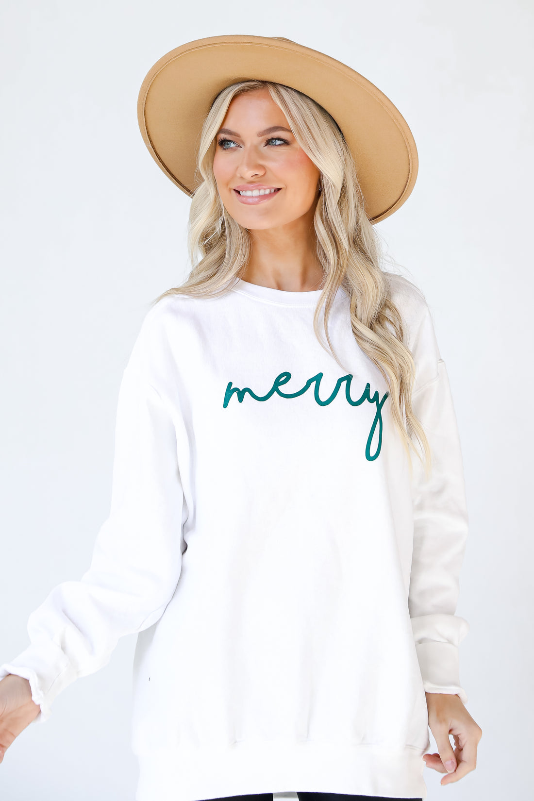 Green Merry Script Pullover. Christmas Graphic Sweatshirt. Trendy Christmas Oversized Sweatshirt