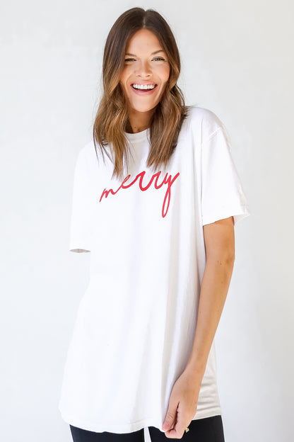 Merry Script Tee on model