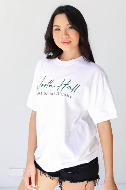 White North Hall Trojans Tee side view