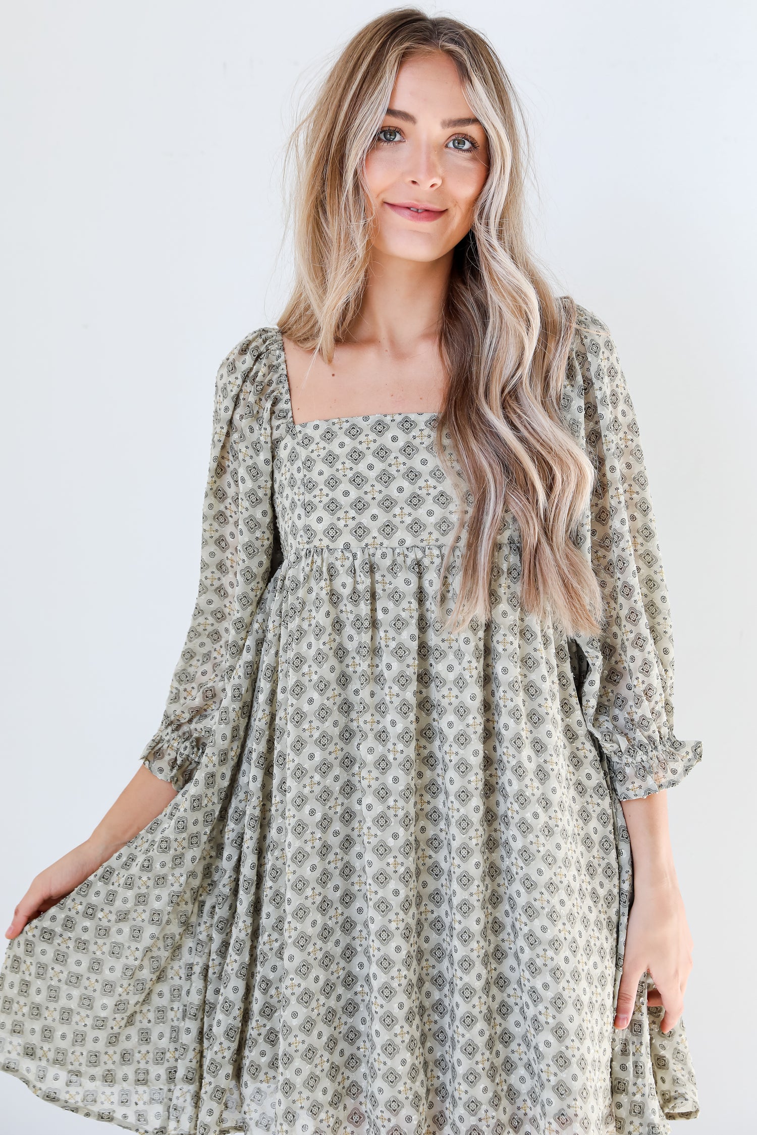 boho Babydoll Mini Dress on model