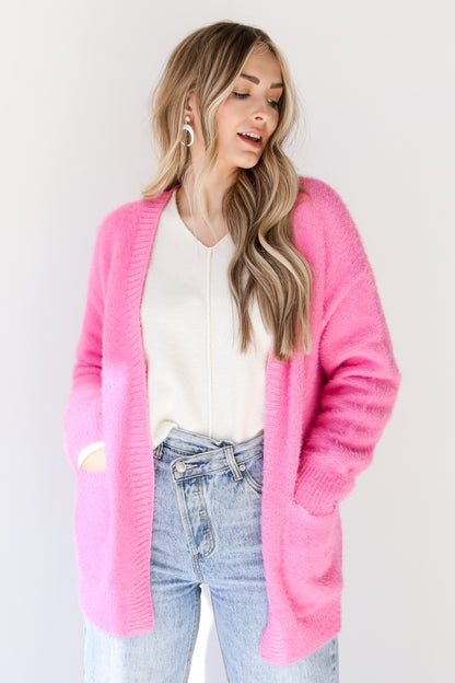 hot pink Eyelash Knit Sweater Cardigan front view