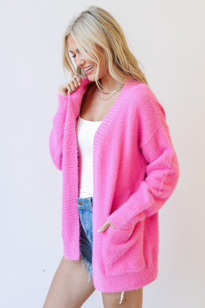 hot pink Eyelash Knit Sweater Cardigan side view