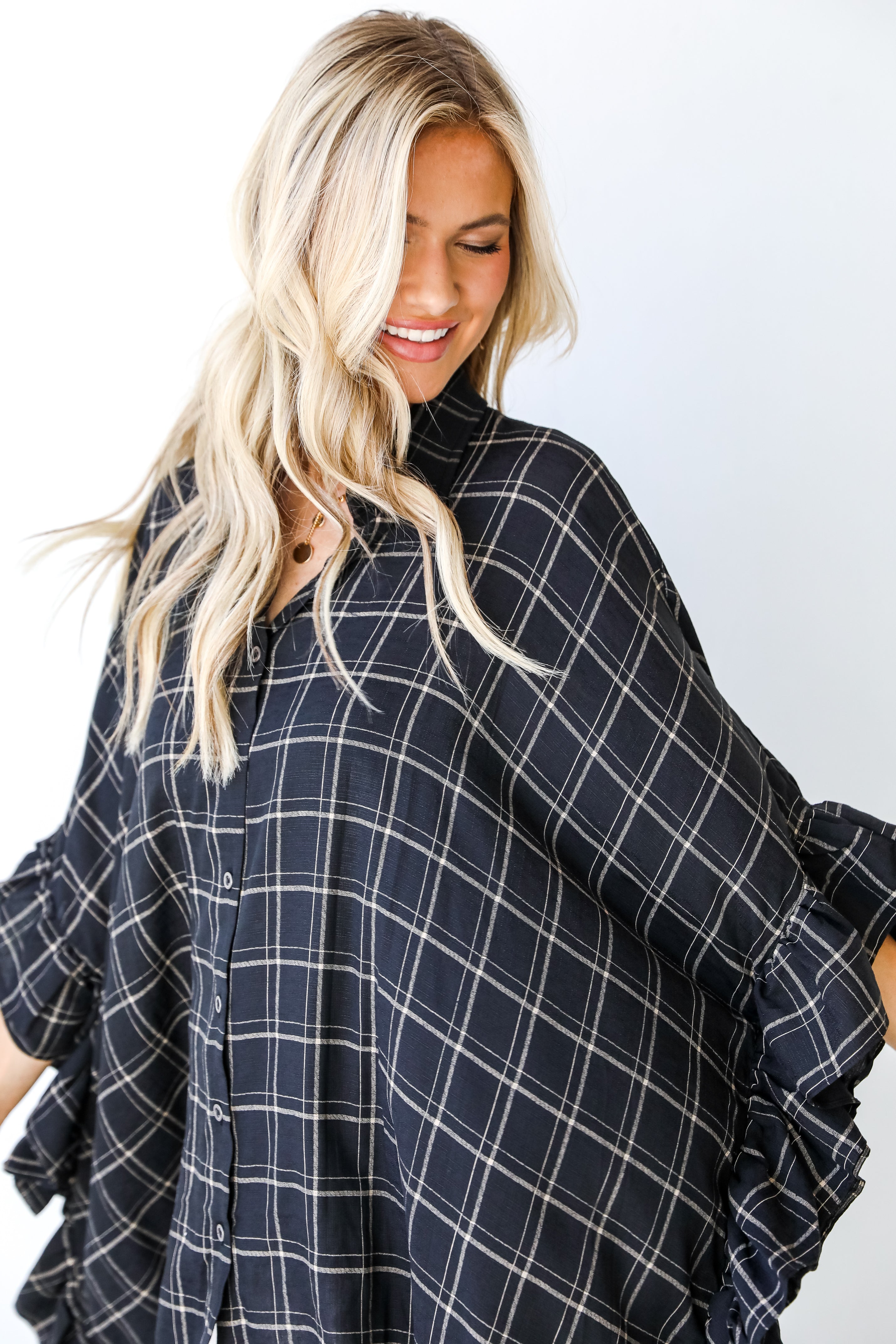 Plaid Oversized Ruffle Blouse on model